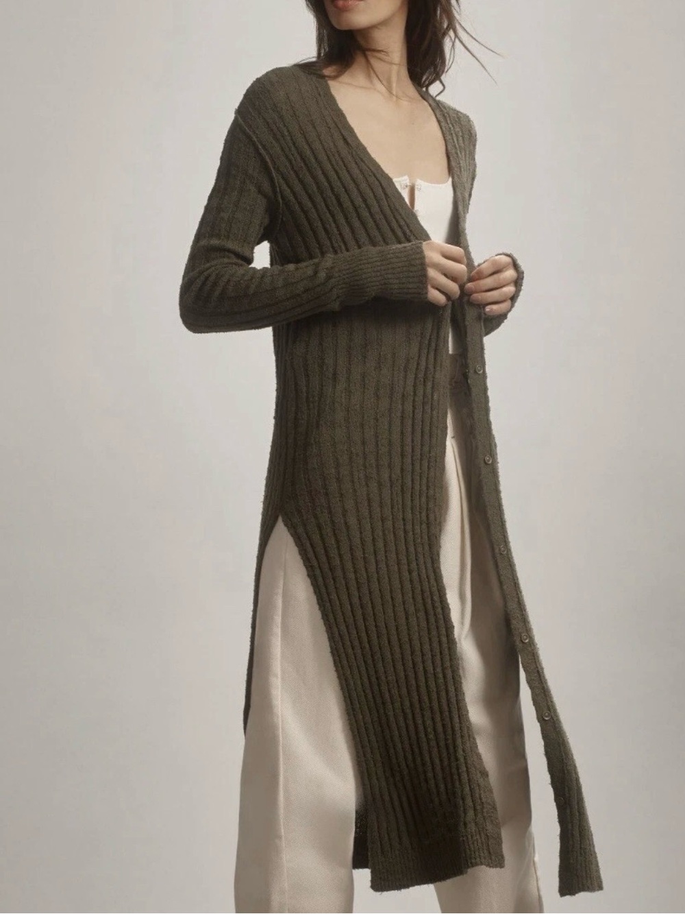 Pilcro Long Ribbed Button-Front Cardigan in Olive